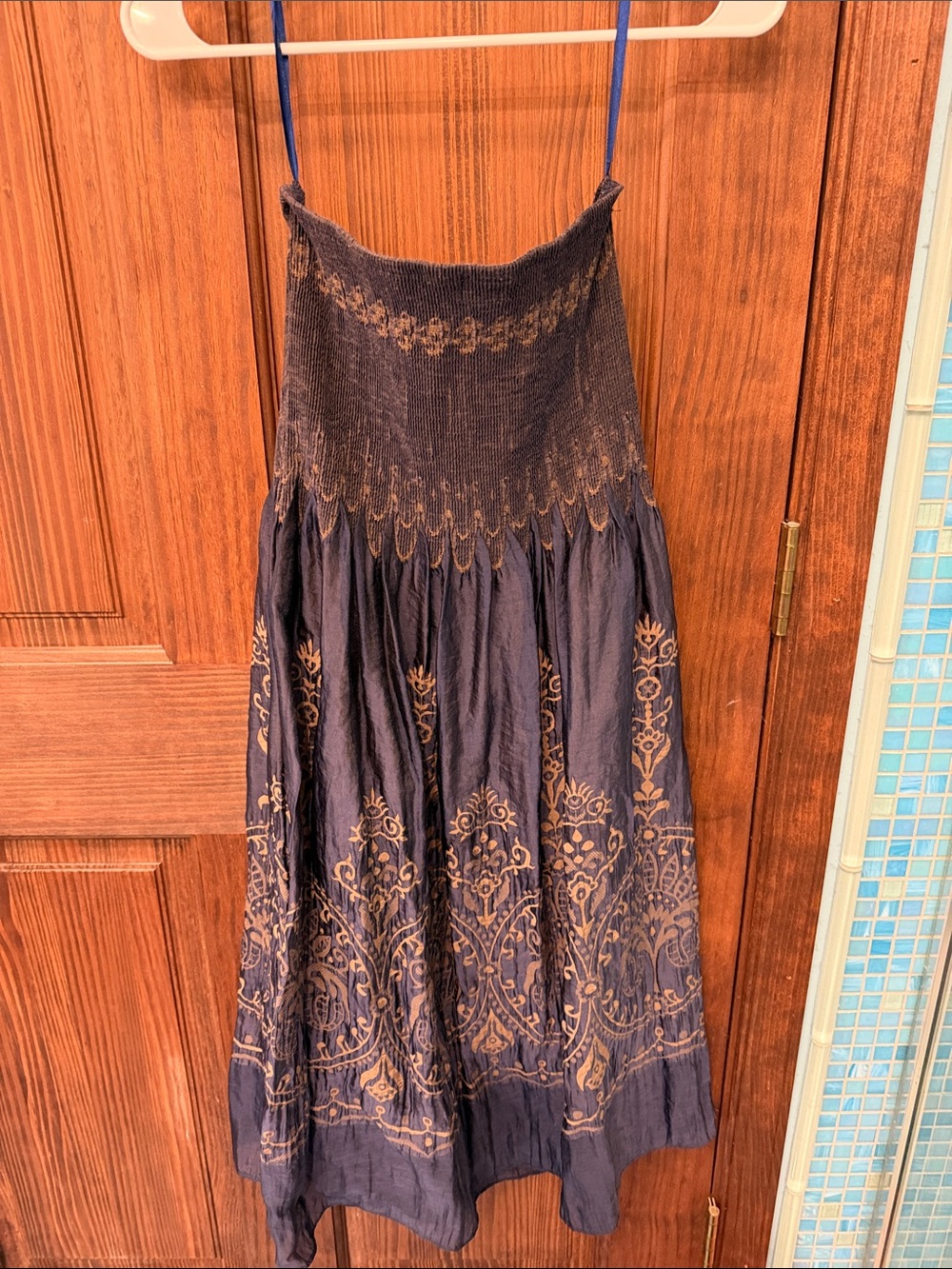 Navy Blue Embroidered Strapless Dress